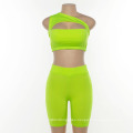 Custom Gym Green Knitted Womens Legging and Crop Top Sports Suit Ladies Two Piece Shorts Sets